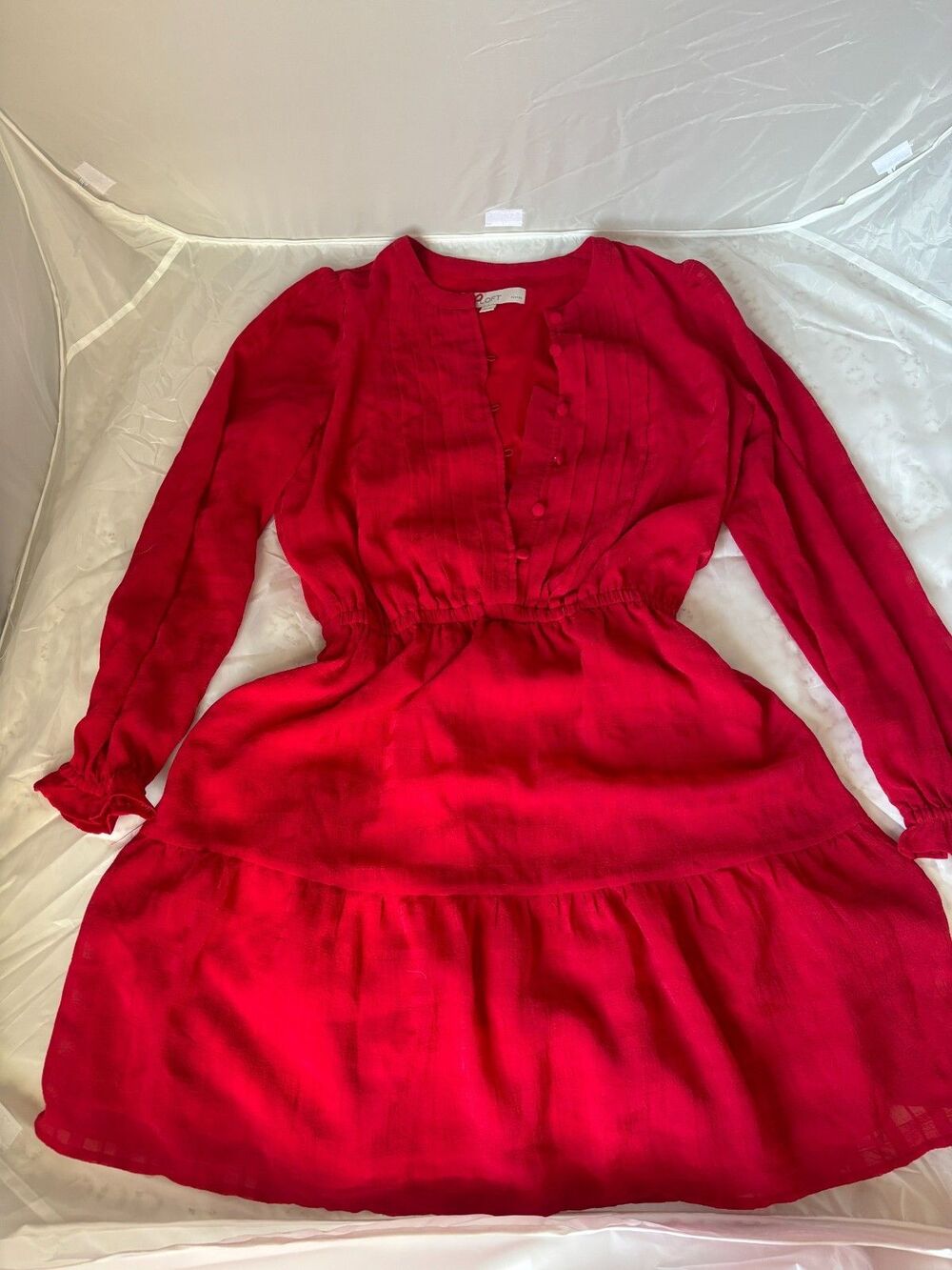 LOFT Red Pintucked Long SleeveFlare Mini Dress Button Front Women’s Size XSP